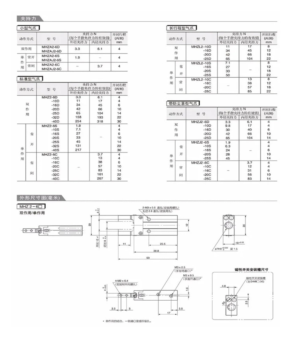 with Dustproof MHZJ2-20D Pneumatic Parallel Gripper Single Acting Pneumatic Cylinder