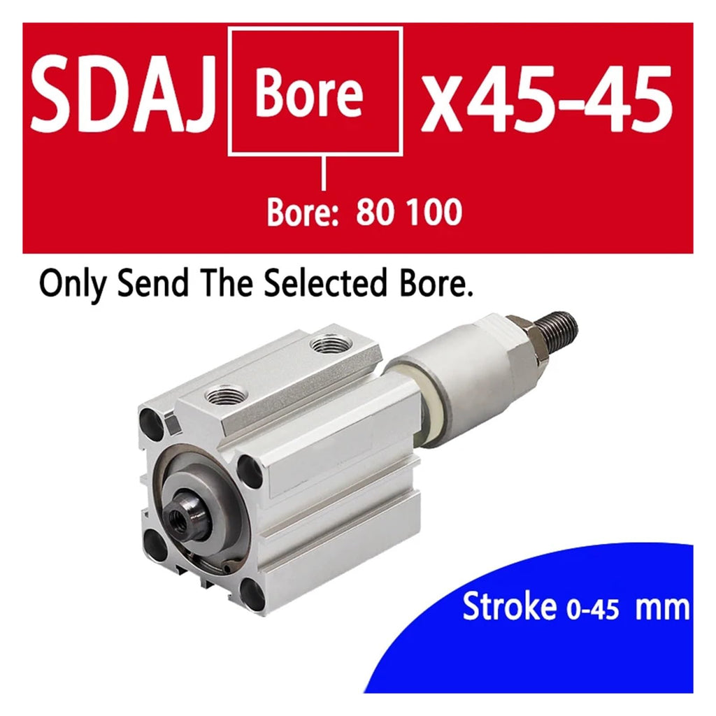 SDAJ80/100mm Bore Double Acting Piston Tools Aluminum Alloy Adjustable Stroke Compact Thin Air Pneumatic Cylinder(Stroke 45-45,SDAJ100-S Magnet)