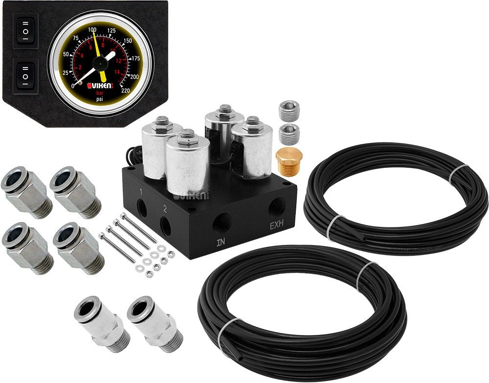 4 Valve Suspension Manifold with One Dual Needle Black Gauge Panel, 3/8" OD Hose 50 FT, 1/4" OD Hose 35 FT and Fittings VXF2CM01B