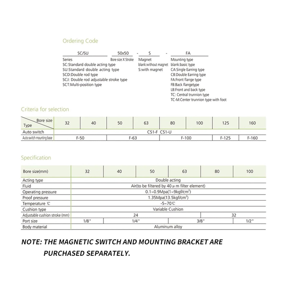 SU32/40/50/63mm Bore Inner Rod Double Action Air Cylinder Pistons Stroke 25-1000mm SU Series Pneumatic Cylinders(Stroke 350mm,SU50 (Bore 50mm))