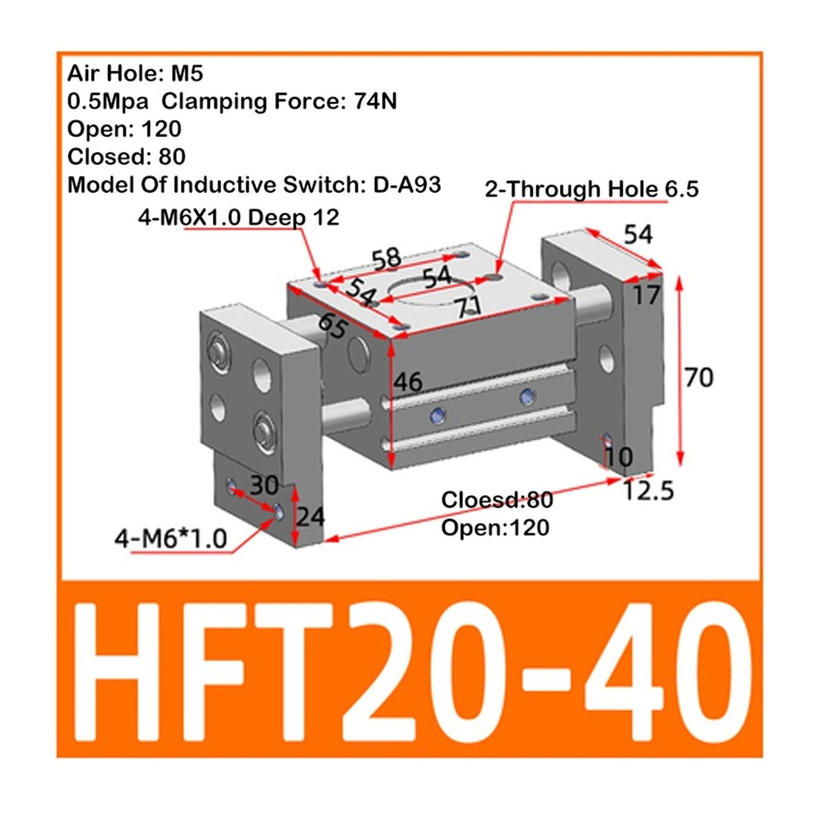 HFT Pneumatic Cylinder Large Diameter Open Clip Finger Cylinder HFT10/16/20/25/32x20/30/40/60/80/150-S(HFT20x40)