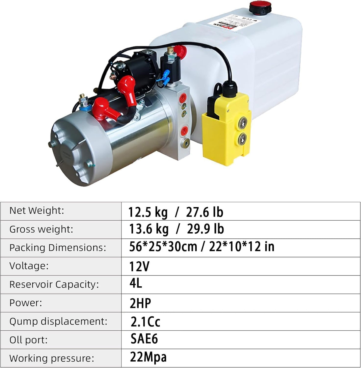 Single Acting Hydraulic Pump 4 Quart Hydraulic Power Unit 12V DC Hydraulic Pump (Plastic Oil Reservoir Single Acting 3200 PSI) SAE#6 Connector for Dump Trailer Car Lifting