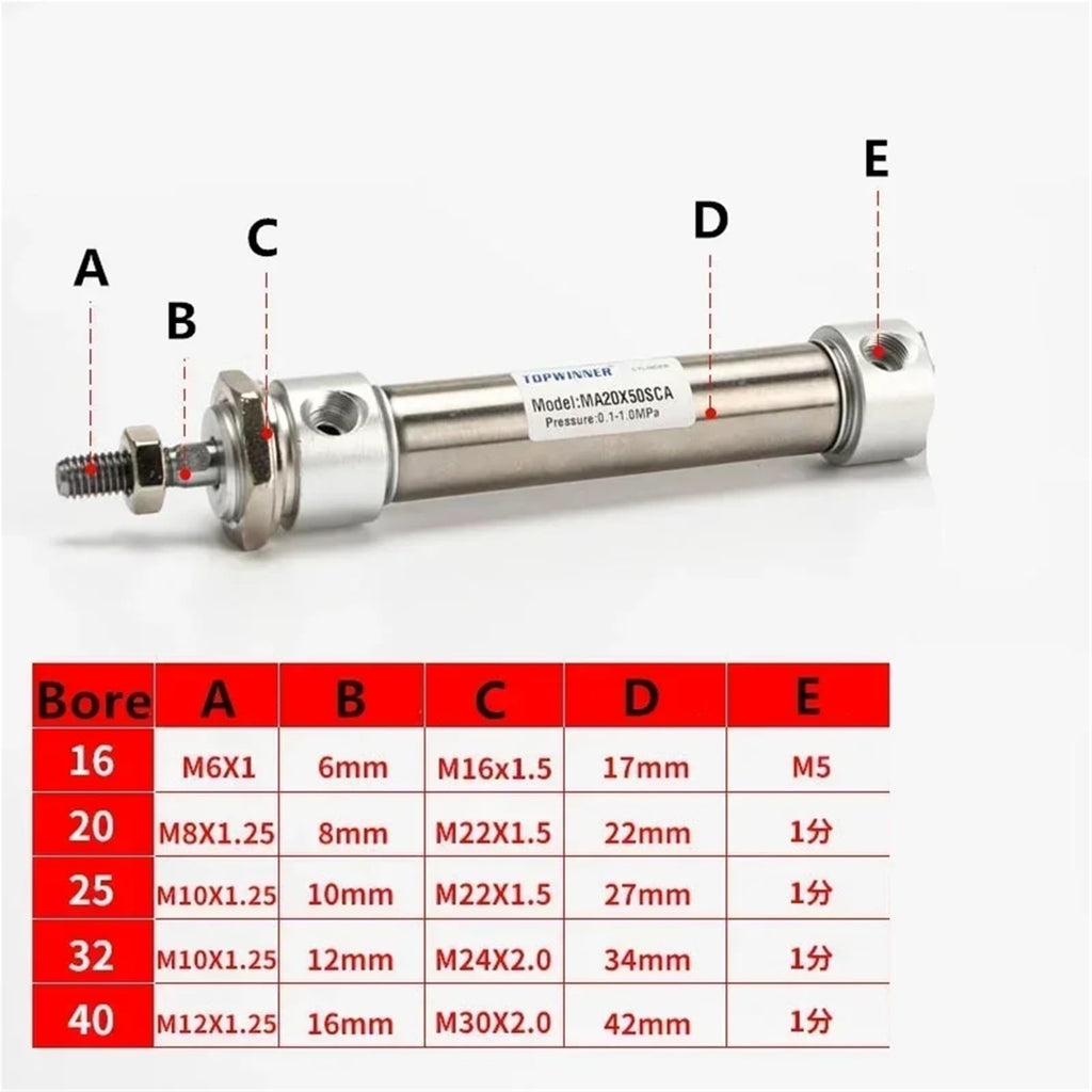 Flat-end MA 16 Type Pneumatic Cylinder Stroke 25 50 100 125 150 200 mm Stainless Steel Double Action Mini Air(Stroke 500mm)