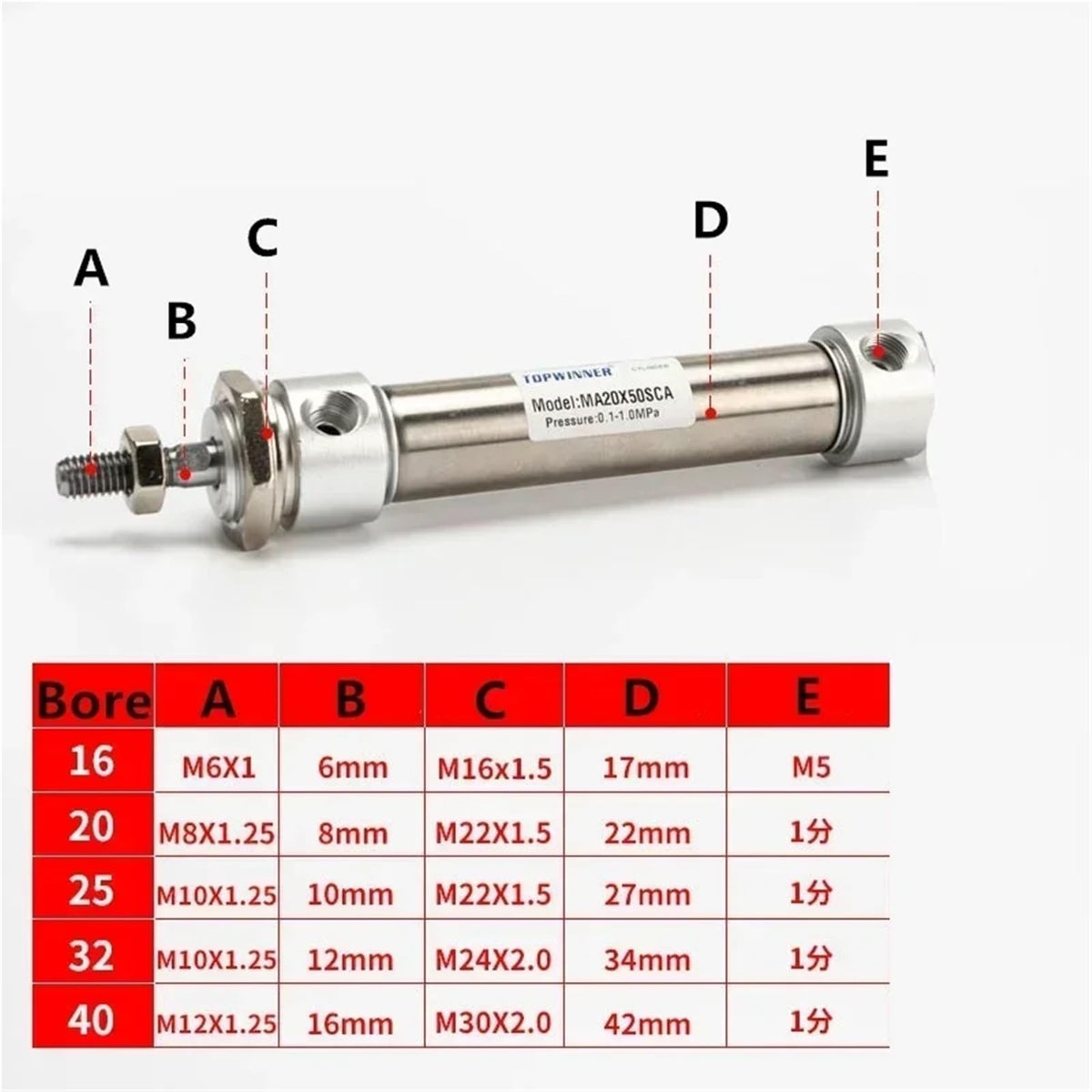 Flat-end MA 16 Type Pneumatic Cylinder Stroke 25 50 100 125 150 200 mm Stainless Steel Double Action Mini Air(Stroke 500mm)