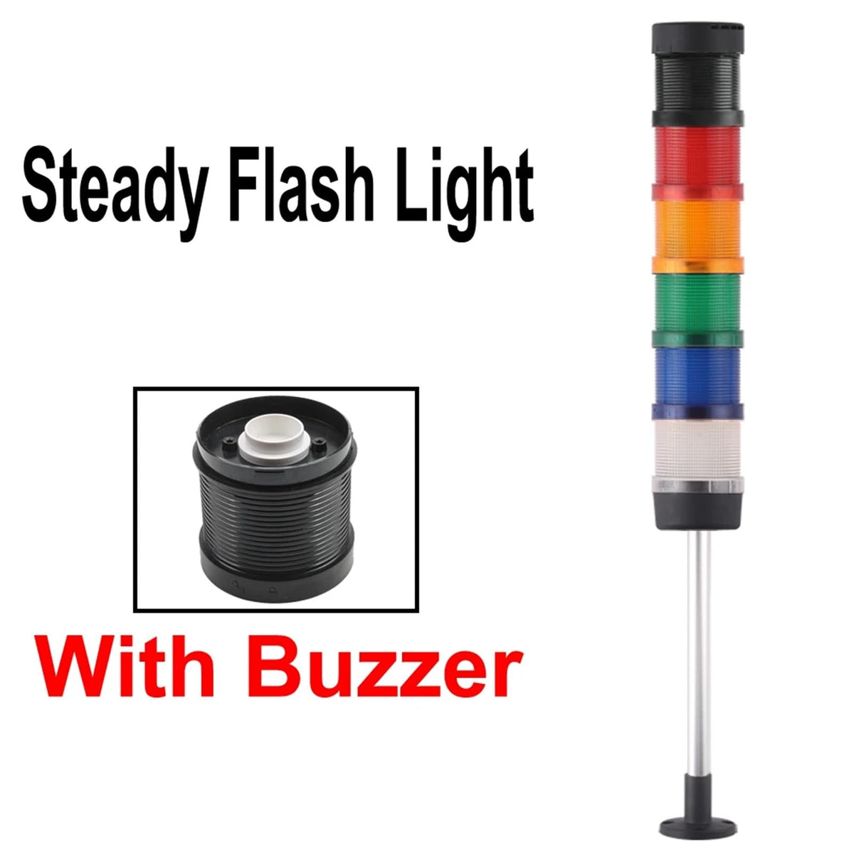 1pcs 70mm Signal Alarm Caution Indicator Industrial Stack Tower Warning Light Steady/Flash/Rotary Lamp LED for Machine 24V220V Buzzer(5 Layer with Buzzer,AC 110V)