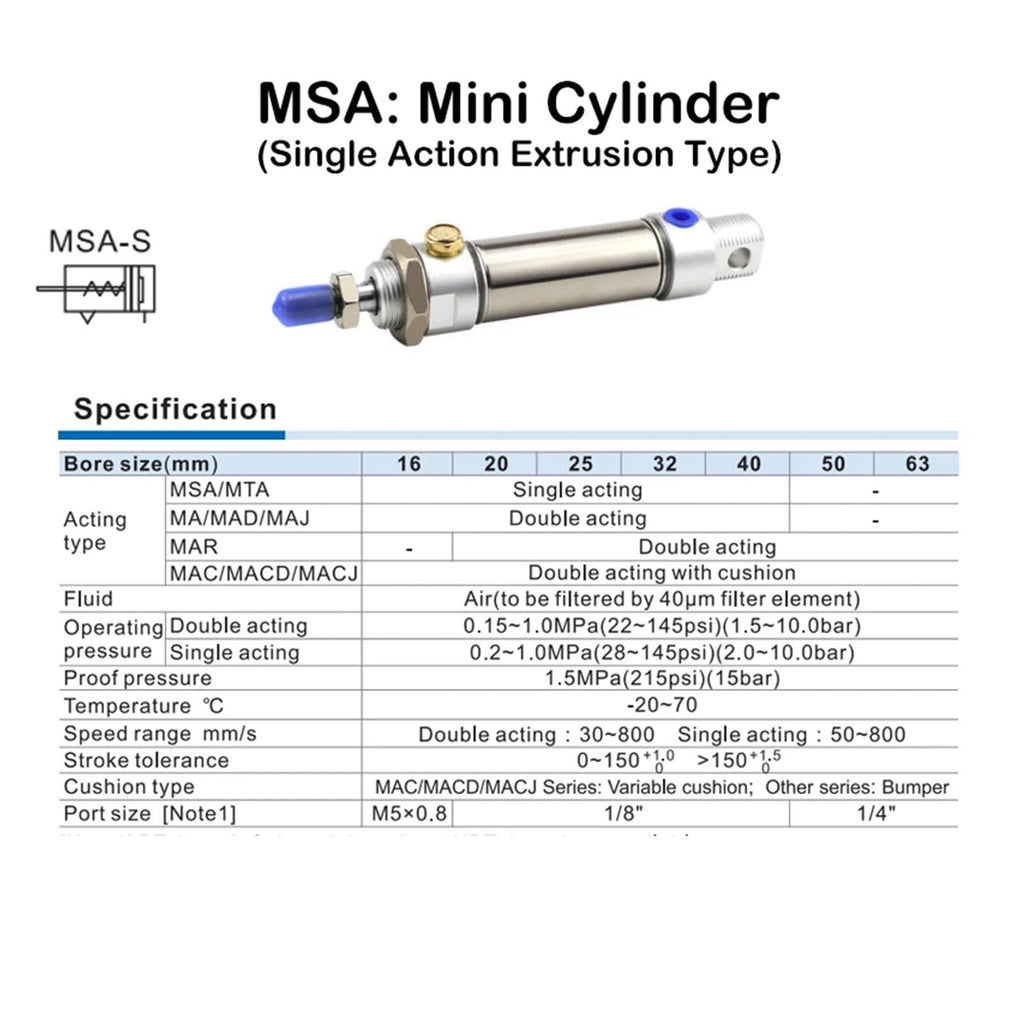 1pcs Pneumatic Cylinder Single-Action Spring Ejection Mini Cylinder MTA32/40 * 25/50/75/100/125/150/175/200/250/300/500 Stainless Steel(Stroke 500,Bore 40mm(MSA 40))