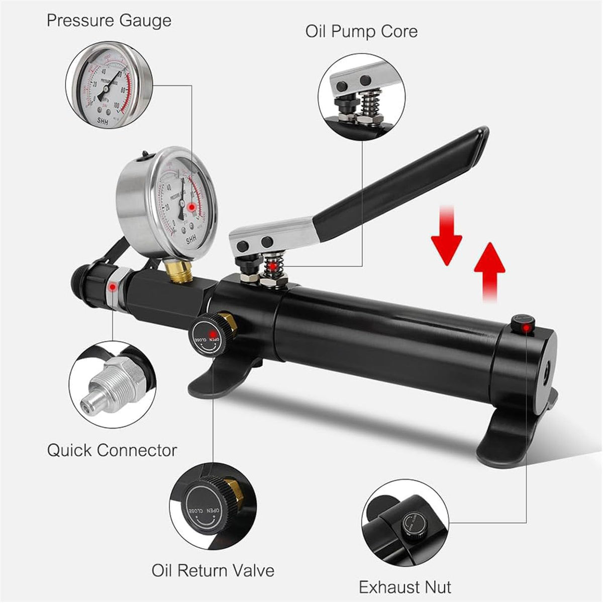 Manual Hydraulic Pump,10000PSI Hand Lifting Pump With 70cm Hose And ZG3/8 Thread, Max 700kg/㎝² High Pressure, 175cc Oil Content, Aluminum Pump Body for Hydraulic Tools standard standard+gauge
