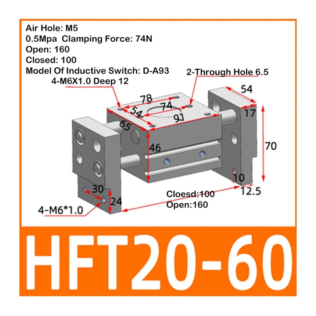 HFT Pneumatic Cylinder Large Diameter Open Clip Finger Cylinder HFT10/16/20/25/32x20/30/40/60/80/150-S(HFT20x60)