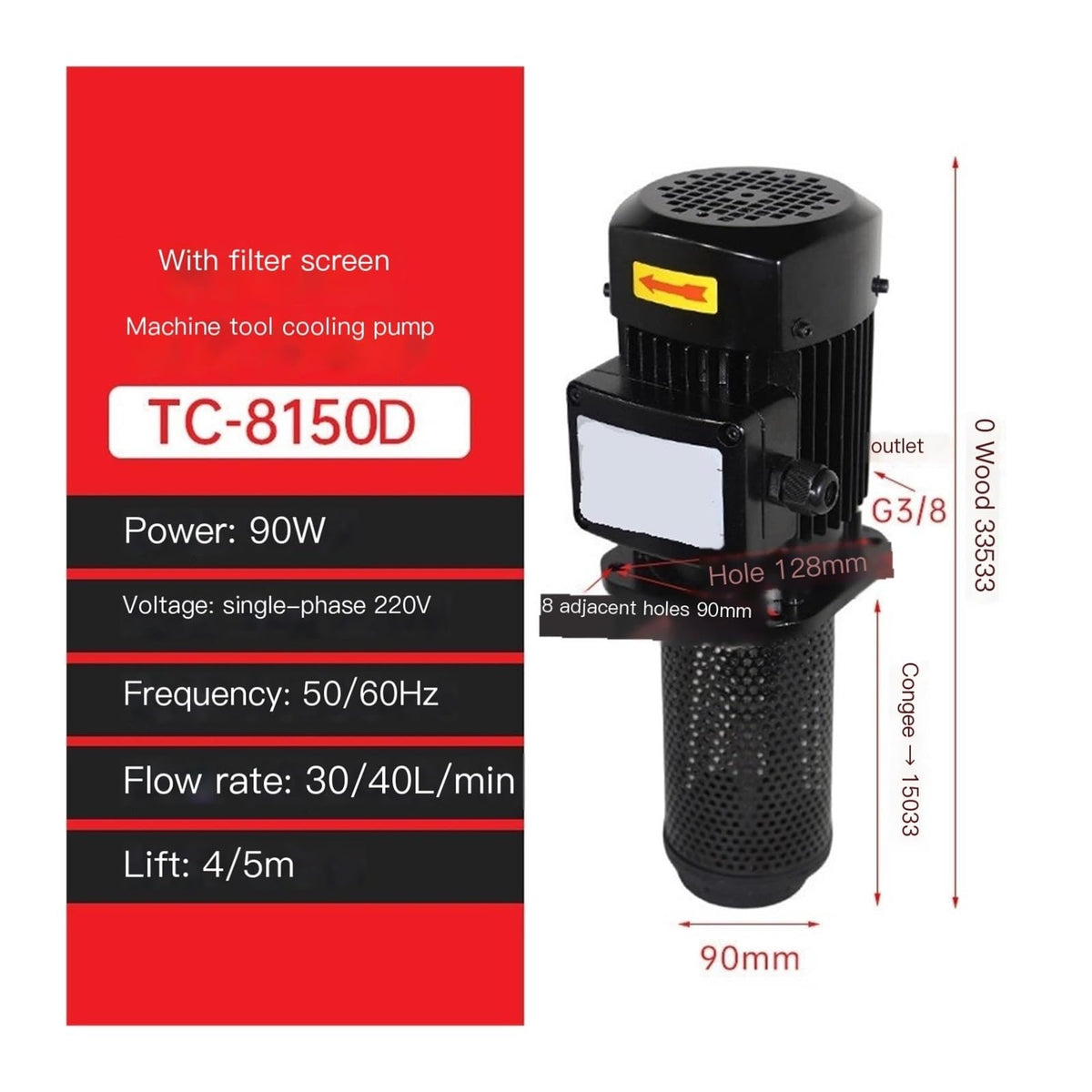 Single Phase 90W Immersion Coolant Pump - 220V for CNC Lathe Grinding(TC-8150D 90W)