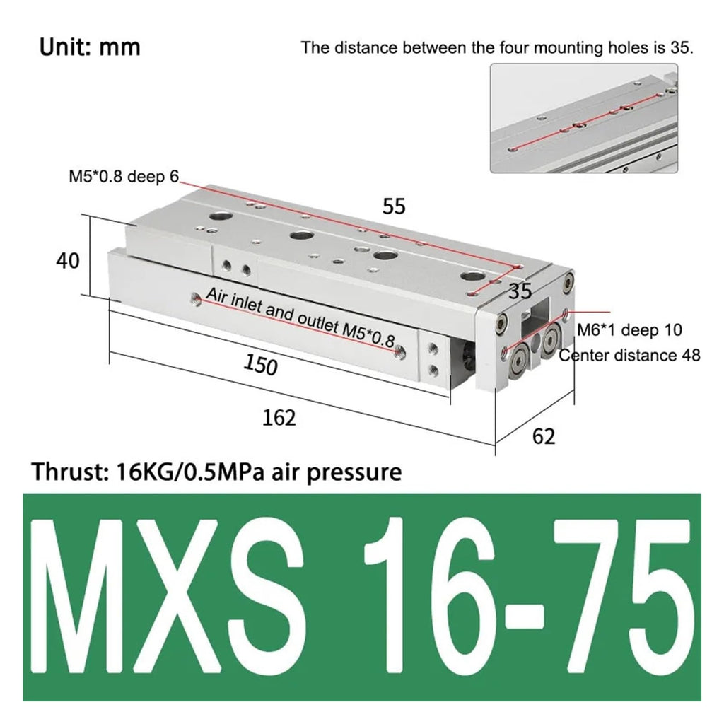 MXS16 Pneumatic Sliding Table Cylinder with Magnetic Linear Guide Rail High Pressure Resistance 16mm Bore 10/20/30/100mm Stroke(MXS16-75)