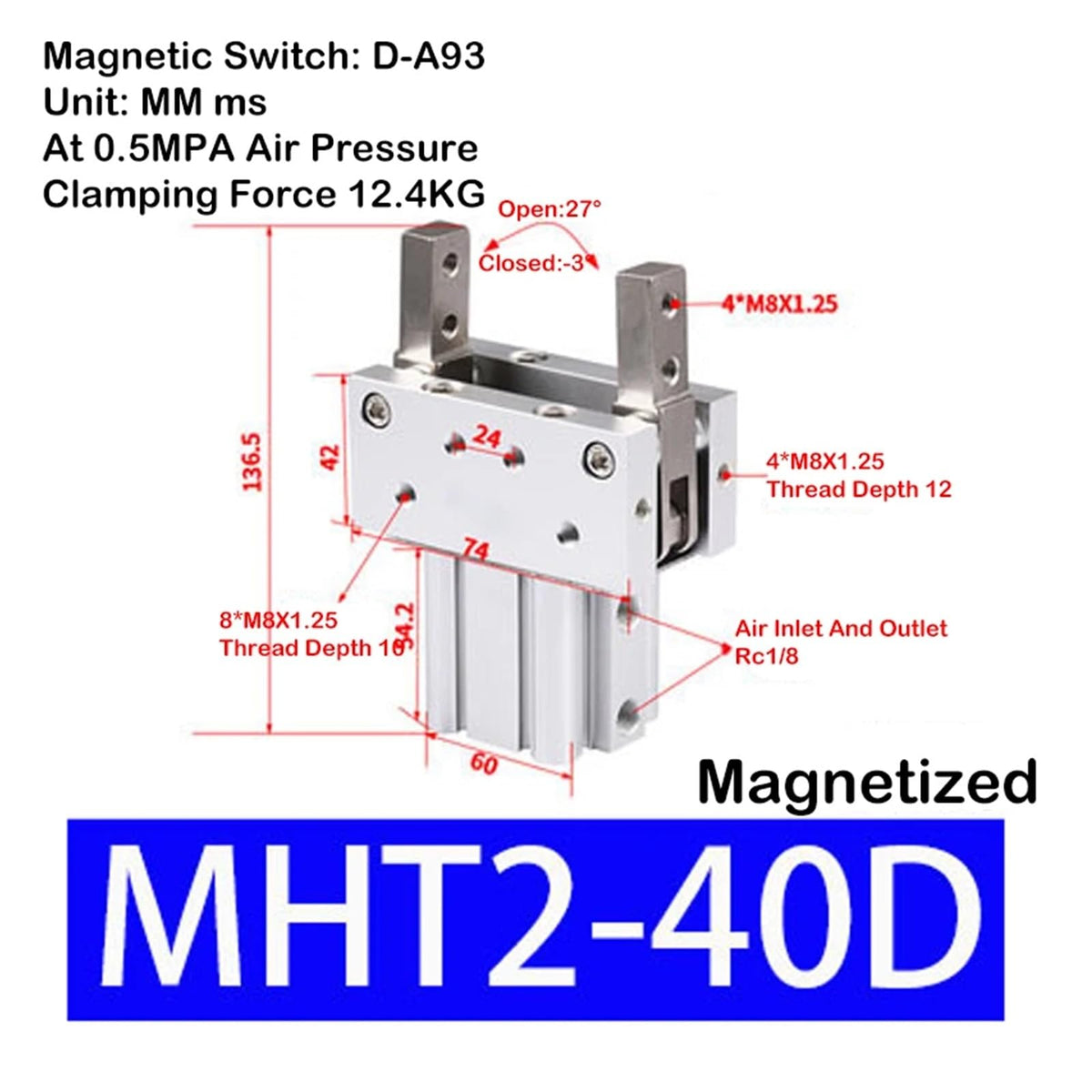 MHT2-32D MHT2-40D MHT2-50D MHT2-63D Pneumatic Gripper Pivot Opening and Cosing Toggle Type Finger Cylinder(MHT2-40D)