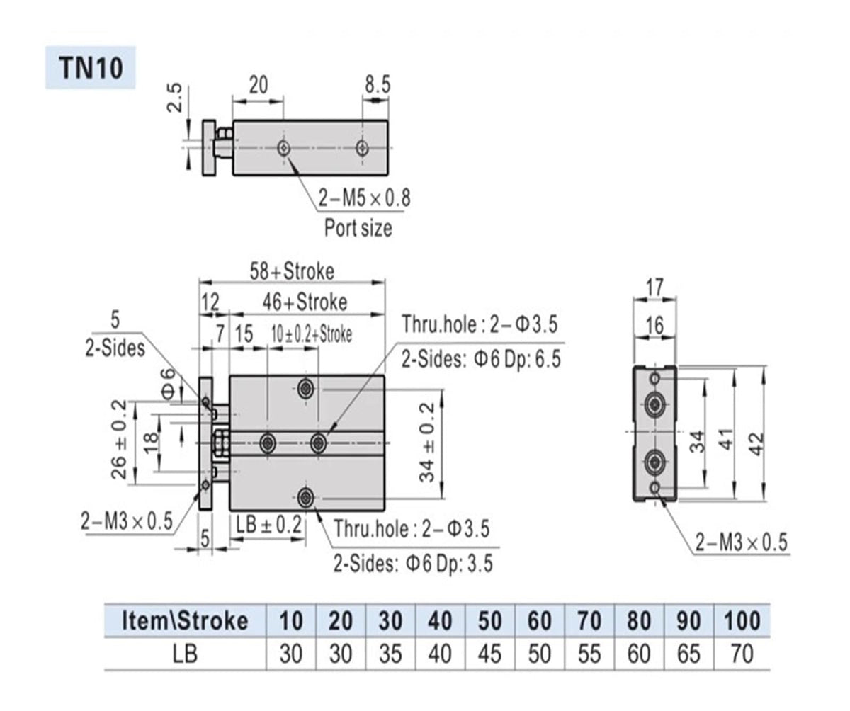 Two Rod Cylinder with Magnet Air Pneumatic Cylinder TN10X70S TN16X75S TN20X80S TN32X90S TN40X100S 50X125S(90mm Stroke)