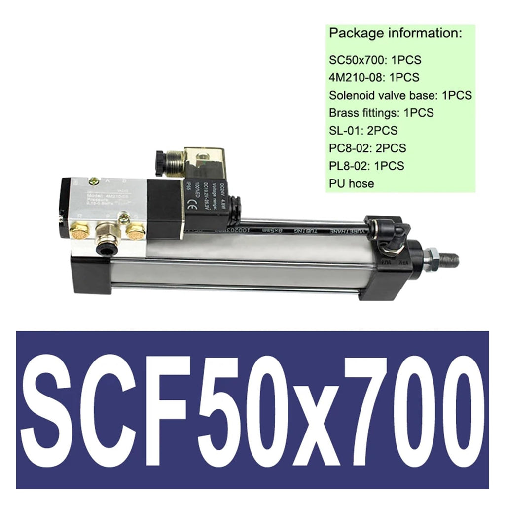 Standard Series Solenoid Valve Integrated Pneumatic Cylinder Bore 50mm Stroke 25-1000mm Air Cylinders Set Without Magnetic(SCF50x700,DC24)