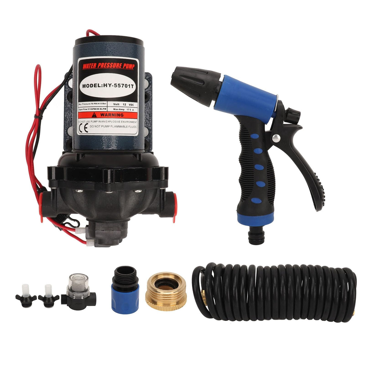 12V Washdown Pump Kit High Pressure 5.5GPM 70PSI Water Sprayer for Car Motorcycle Home Cleaning Iron Material 6m Hose