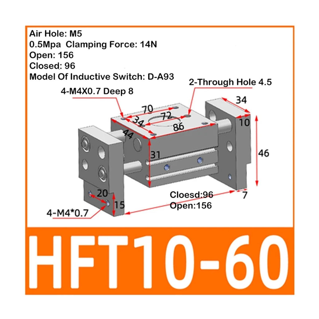 HFT Pneumatic Cylinder Large Diameter Open Clip Finger Cylinder HFT10/16/20/25/32x20/30/40/60/80/150-S(HFT10x60)