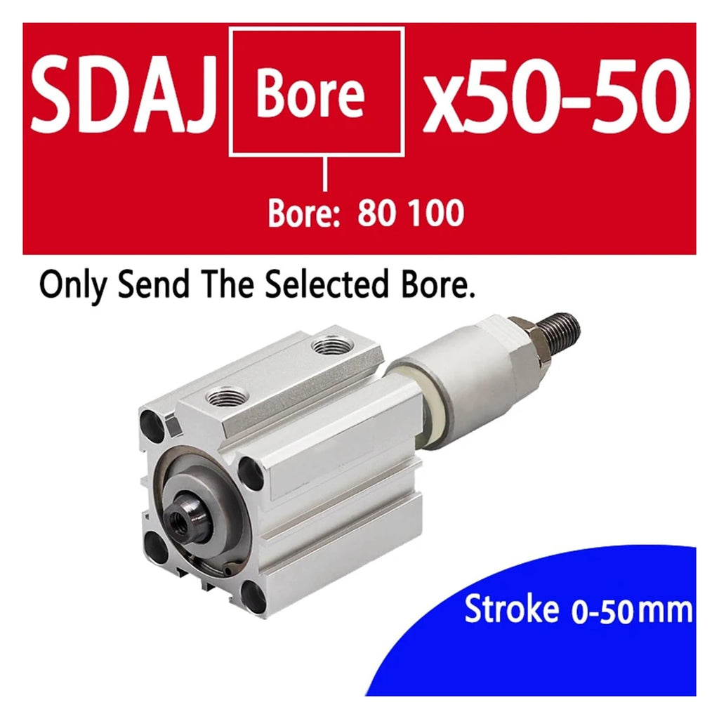 SDAJ80/100mm Bore Double Acting Piston Tools Aluminum Alloy Adjustable Stroke Compact Thin Air Pneumatic Cylinder(Stroke 50-50,SDAJ80 No Magnet)
