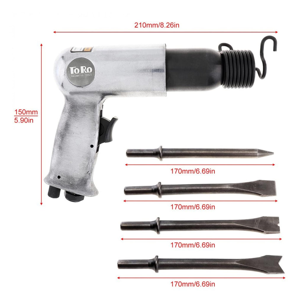 Air Hammer Kit, Air Hammer Professional Handheld Pistol Gas Shovels Small Rust Remover Pneumatic Tools with 4 Chisels set 9190 190mm Pneumatic Tools