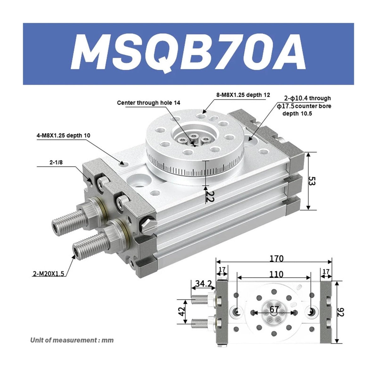 MSQB70A MSQB70R MSQB100R MSQB100A Rotary Pneumatic Cylinder MSQB50R Adjustable 0-190 Degrees(MSQB70A)
