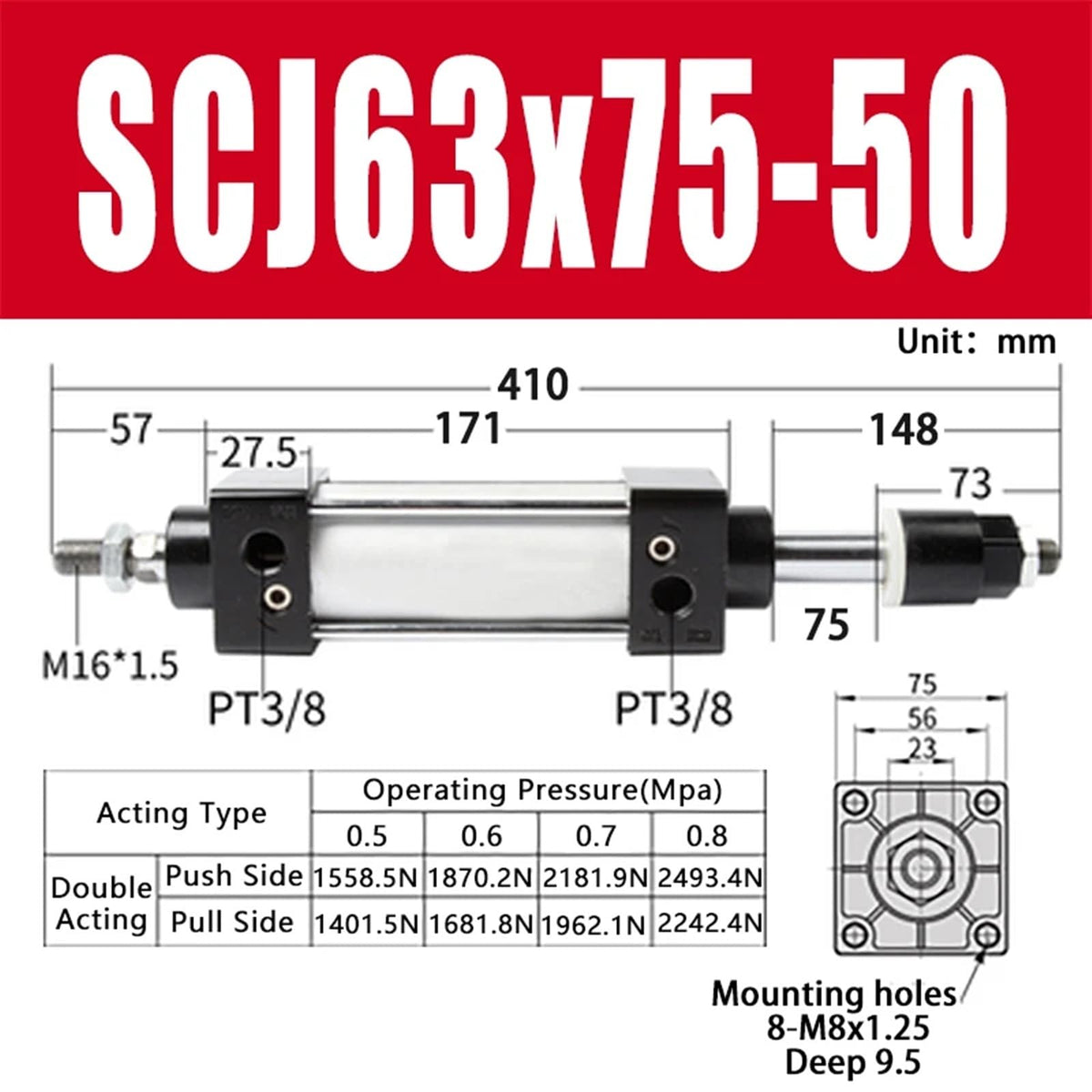 SCJ63x75-50 Standard Pneumatic Cylinder Bore 63mm Double Acting Air Cylinders Adjustable Stroke 25-75mm Large Thrust(SCJ63x75-50 and FA,with Magnet)