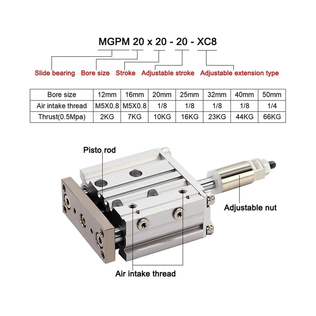MGPM32/40/50 Adjustable Stroke Bore Size 32mm/40mm/50mm Three Axis with Rod Compact Guide Air Actuator Pneumatic Cylinder(MGPM40x150-50-XC8)