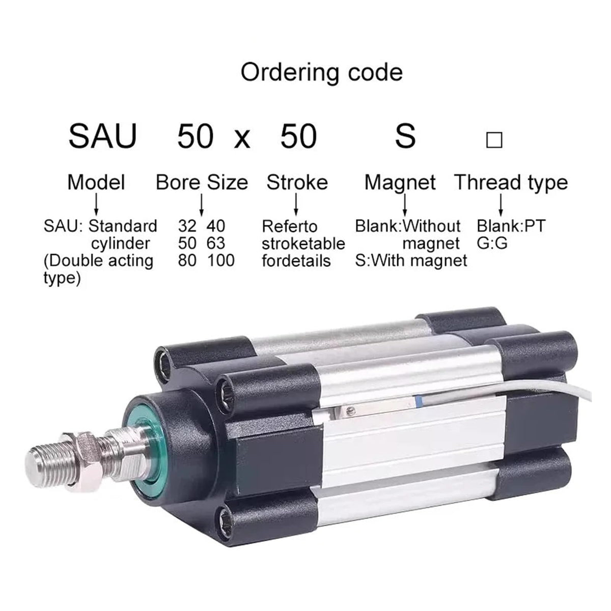 Standard Cylinder Stroke 25-1000mm with Magnet Double Acting Type SAU32 40 50 63 80 100mm bore(Stroke 400mm-S,SAU32 (Bore 32mm))