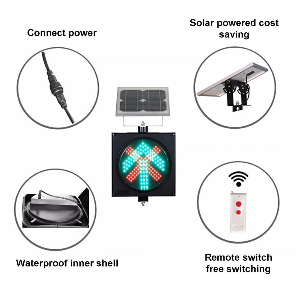 Industrial Solar Traffic Stop Light 1 Light X/Arrow, Red/Green Stop and Go Light with Remote Control, Industrial Signal Light with Solar Panel, for Intersections, Roads,