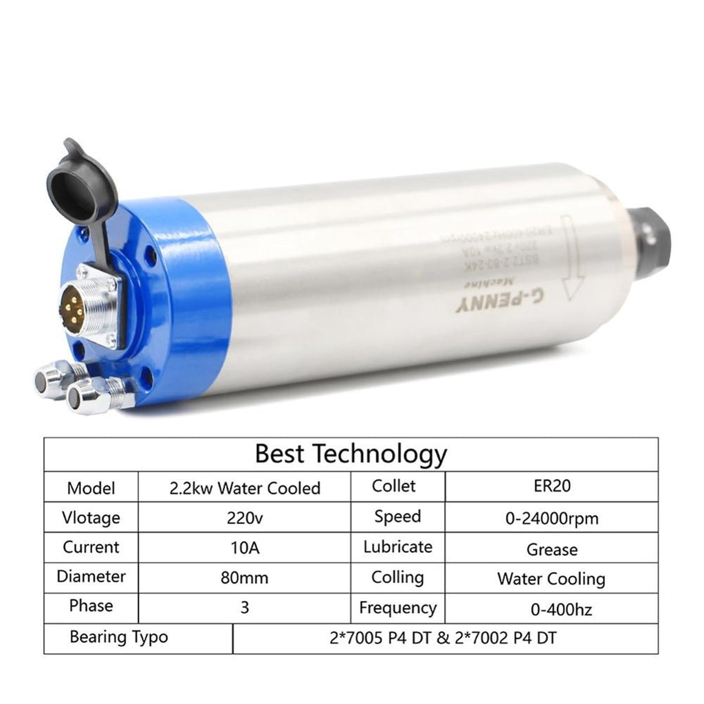 2.2KW ER20 Water Cooled Spindle Kit Spindle 4 Bearings & 2.2KW Inverter VFD & 80mm Spindle Bracket & 75w Water Pump(Ceramic Ball Bearing)
