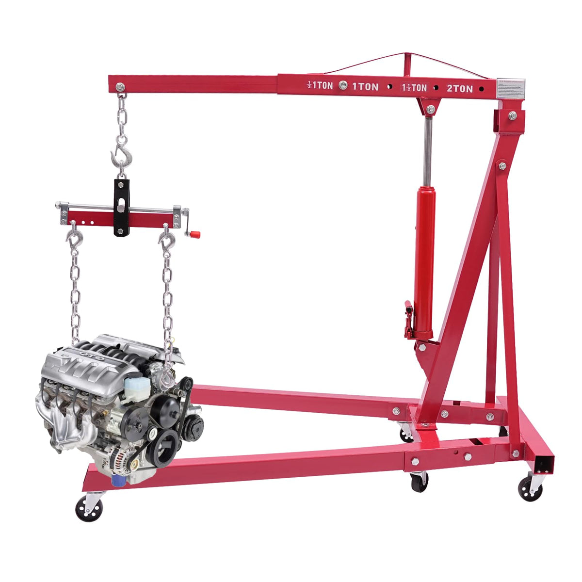 2T Folding Hydraulic Crane, Hydraulic Crane with Engine Leveler 4409lbs Capacity Heavy Duty Folding Shop Crane with 6 Casters for Engine Lift Loading Red