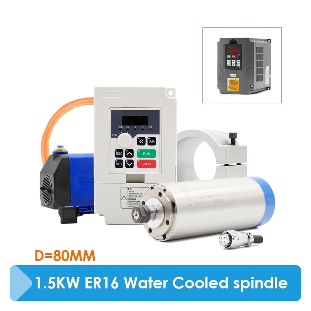 1.5kw ER16 Water Cooled Spindle kit 80x220mm 4 pcs Bearings 0.01mm Accuracy & 1.5kw Drive & Holder & 75w Pump(HY-VFD,220v)