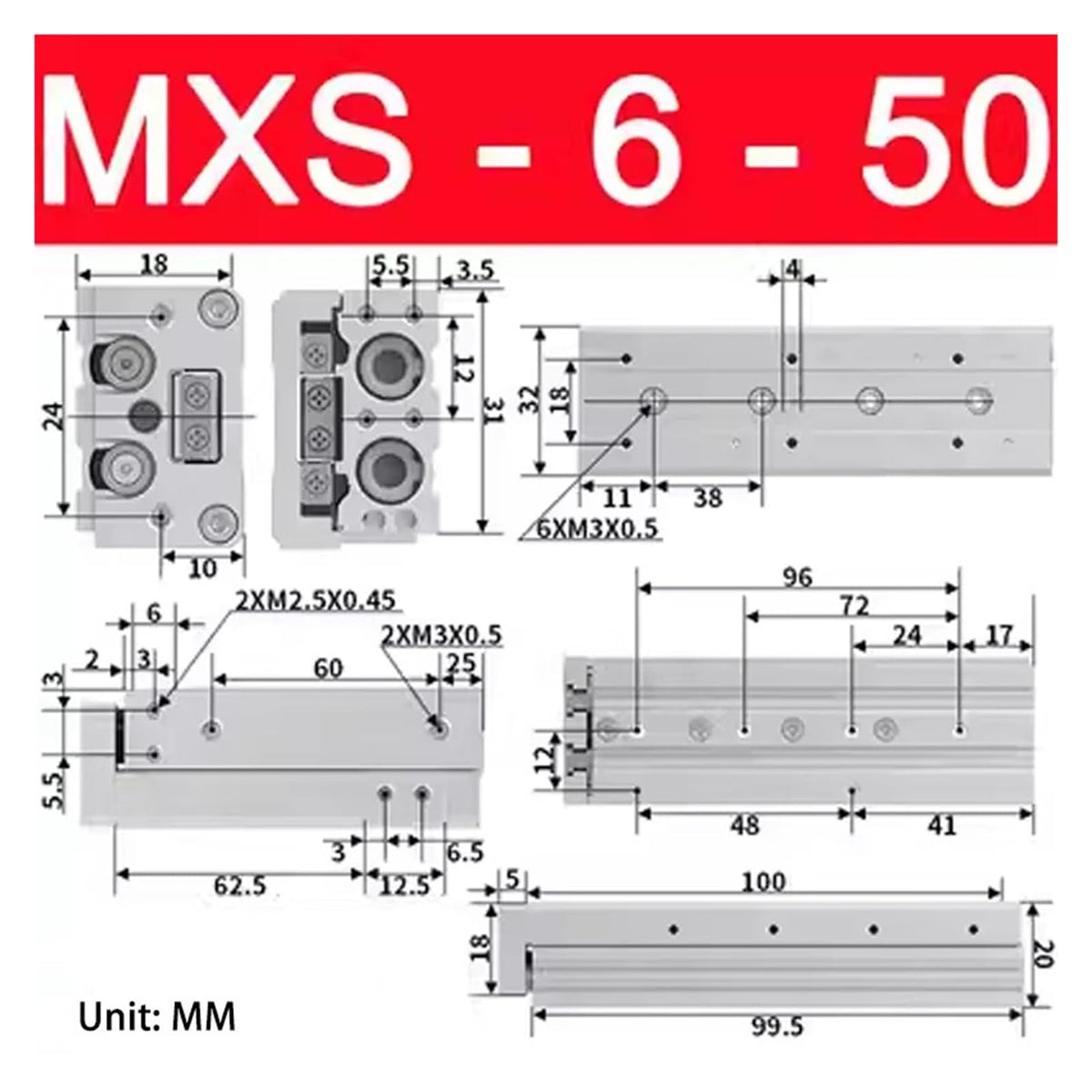 MXS6/8/12 Pneumatic Slide Table Cylinder Diameter 10/20/30/40/50/75 Cylinder(MXS6-50)