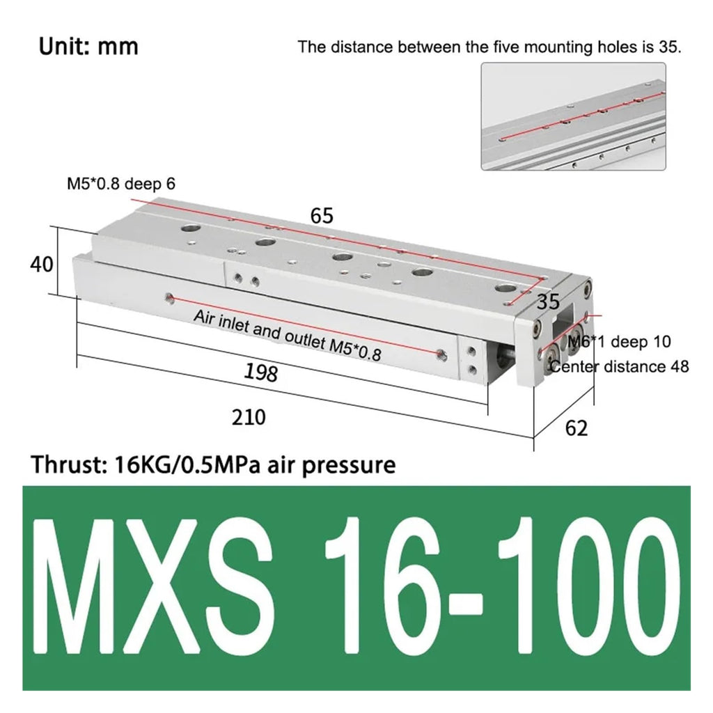 MXS16 Pneumatic Sliding Table Cylinder with Magnetic Linear Guide Rail High Pressure Resistance 16mm Bore 10/20/30/100mm Stroke(MXS16-100)
