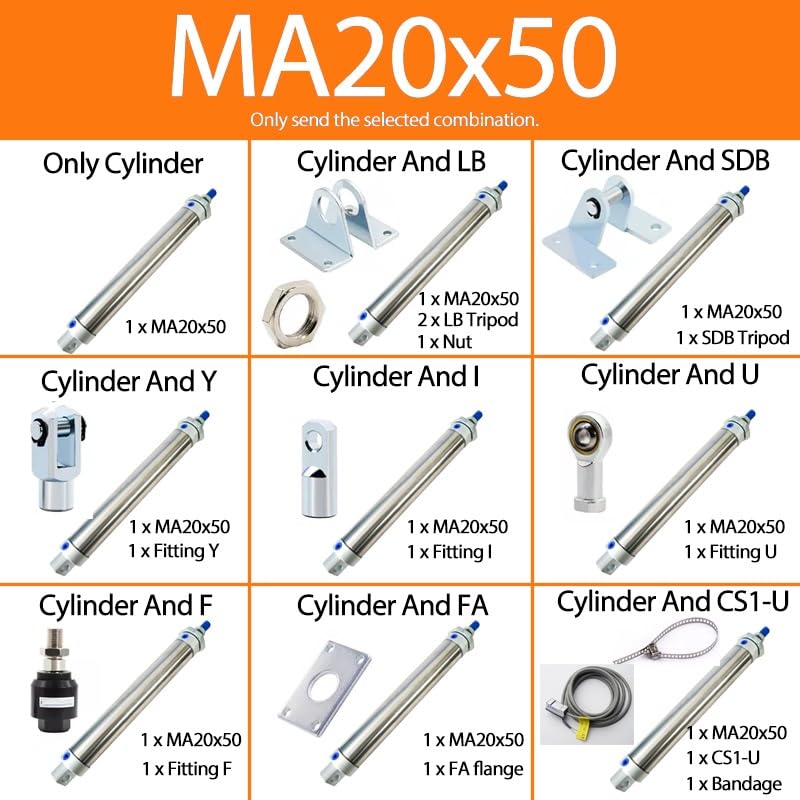 -Air Cylinder 25-500mm Stroke MA20 Series Stainless Steel Mini Air Pneumatic Cylinder Double Acting Pneumatic Piston(MA20X50,Cylinder and U)
