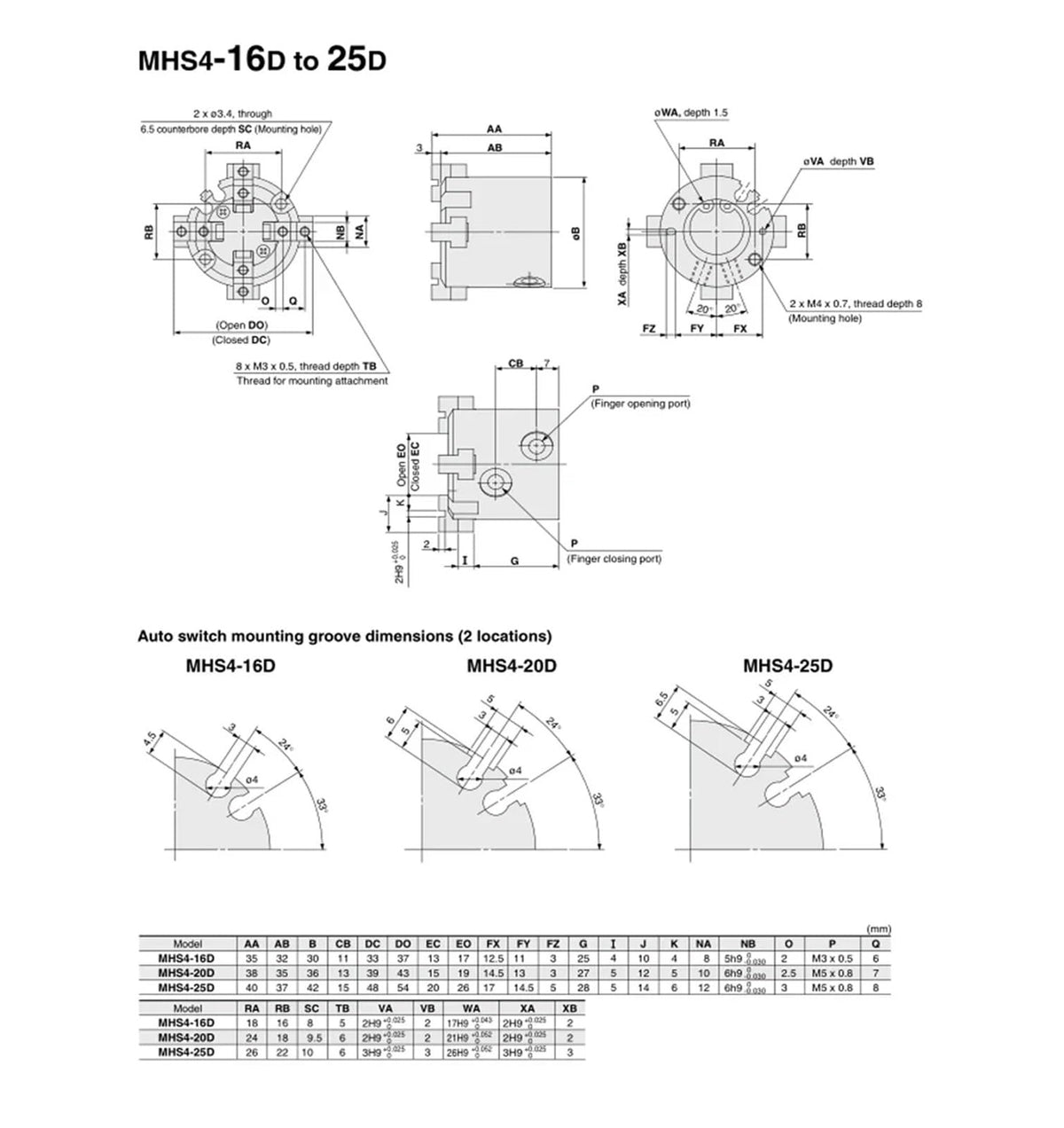 1PCS MHS2/MHS3/MHS4 Finger Pneumatic Gripper Replacement Double Action Rotating Air Cylinder 16D/20D/25D/32D/40D/50D(32D)