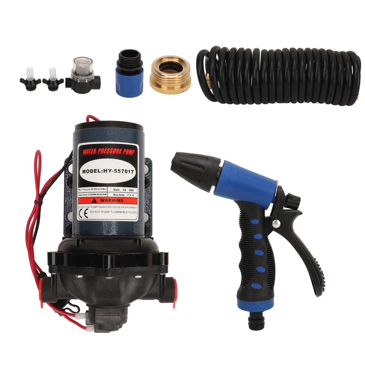 12V Washdown Pump Kit High Pressure 5.5GPM 70PSI Water Sprayer for Car Motorcycle Home Cleaning Iron Material 6m Hose