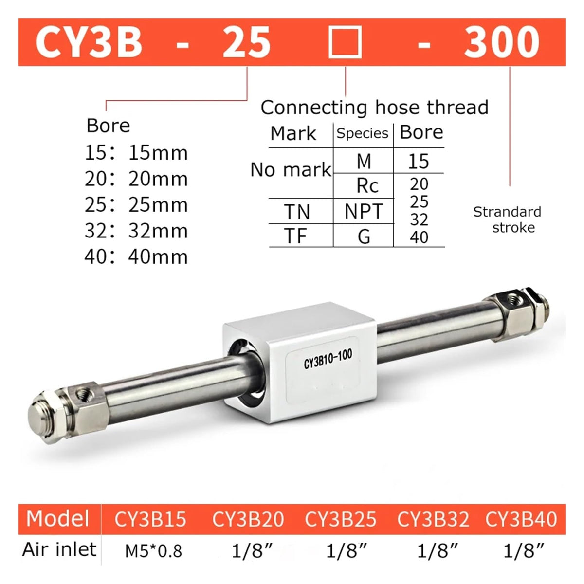 CY3B20 Magnetical Coupling Rodless Cylinder High Pressure Aluminum Alloy Long Stroke Rodless Air Cylinder CY3B20TF-200 CY3B(Stroke 600,CY3B20 (Bore 20mm))
