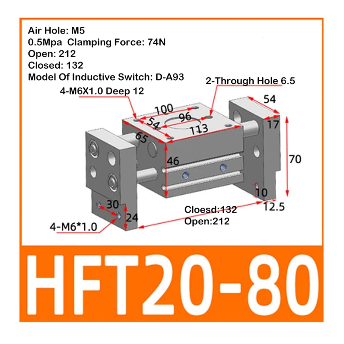 HFT Pneumatic Cylinder Large Diameter Open Clip Finger Cylinder HFT10/16/20/25/32x20/30/40/60/80/150-S(HFT20x80)