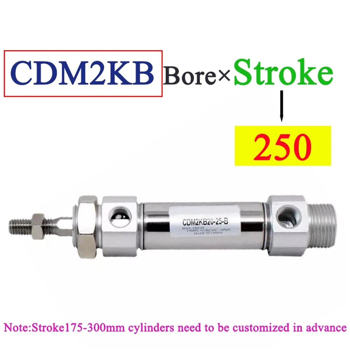 1pcs Hexagonal Non Rotating Pneumatic Cylinder CDM2KB20 25 32 40mm Stainless Steel Small Stroke25/50/75/100/150/200/250/275/300Z(Stroke 250 mm,Bore 40mm)