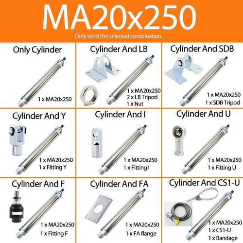-Air Cylinder 25-500mm Stroke MA20 Series Stainless Steel Mini Air Pneumatic Cylinder Double Acting Pneumatic Piston(MA20X250,Cylinder and LB)
