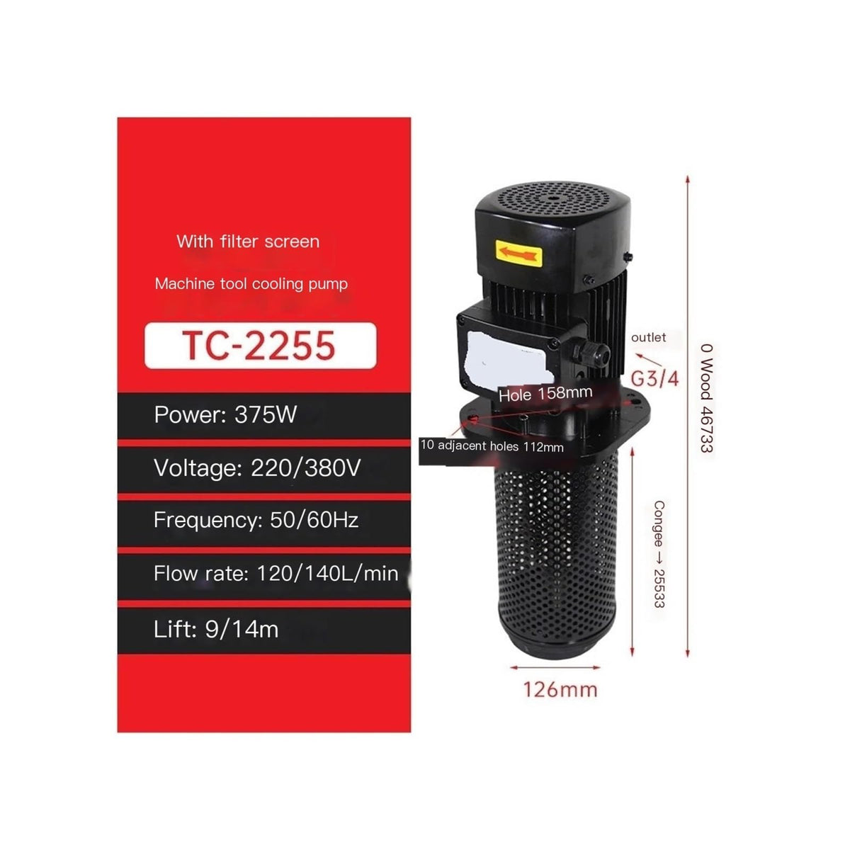 Industrial 375W 3-Phase Coolant Circulation Pump | CNC Deep Hole Drilling(TC-2255 375W)