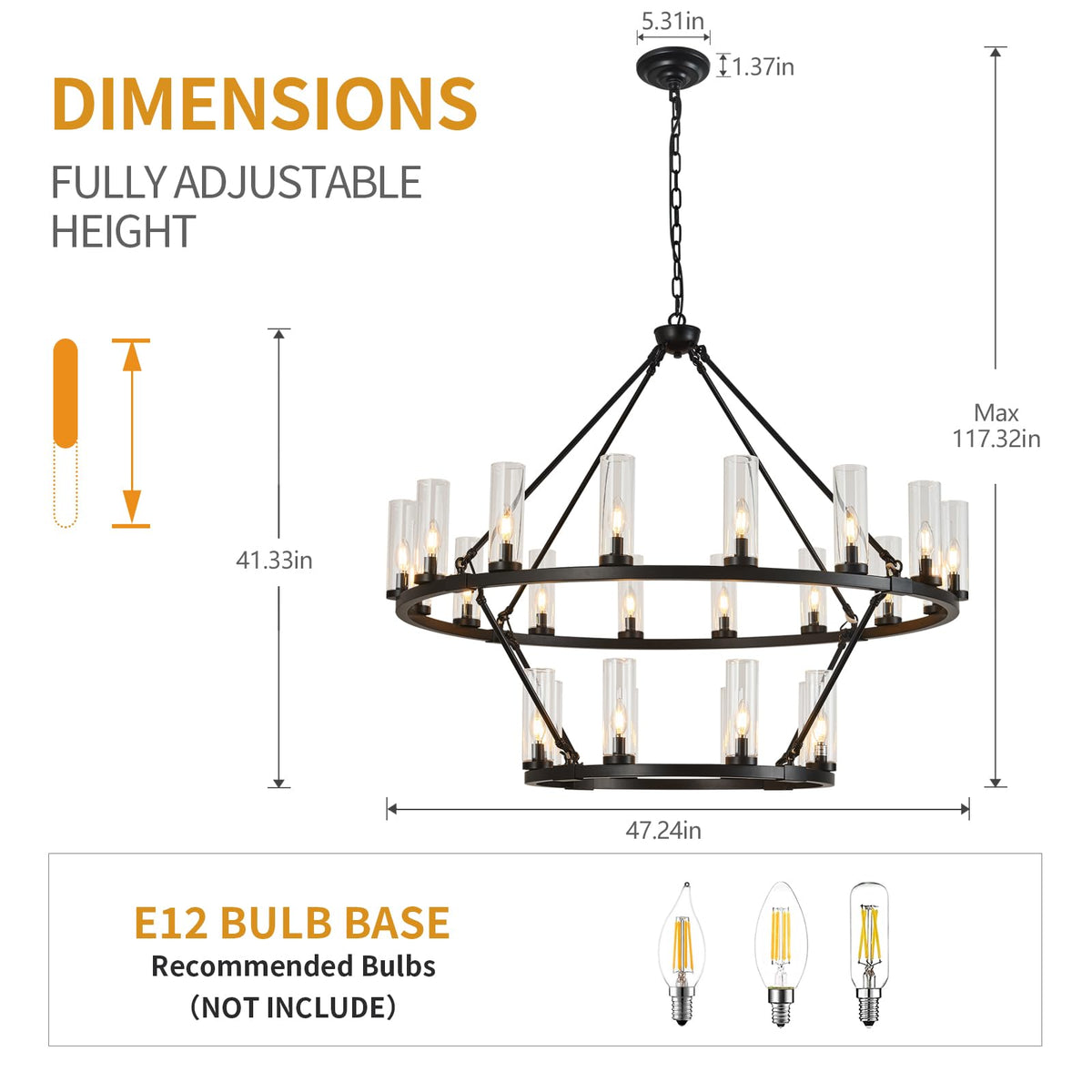 48 Inch Large Black Wagon Wheel Chandelier with Clear Glass Shade 2 Tier 24-Lights Round Pendant Light Farmhouse Industrial Chandeliers Dining Room Light Fixture for Stair Living Room Foyer