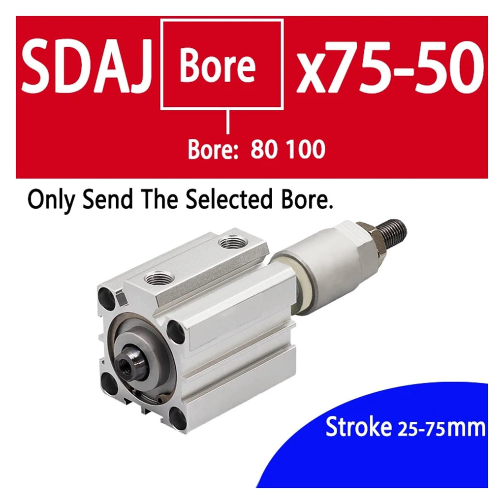 SDAJ80/100mm Bore Double Acting Piston Tools Aluminum Alloy Adjustable Stroke Compact Thin Air Pneumatic Cylinder(Stroke 75-50,SDAJ80 No Magnet)