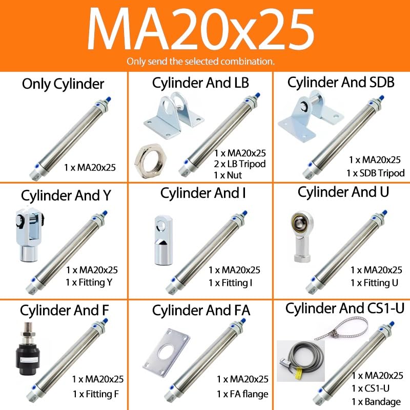 -Air Cylinder 25-500mm Stroke MA20 Series Stainless Steel Mini Air Pneumatic Cylinder Double Acting Pneumatic Piston(MA20X25,Cylinder and SDB)