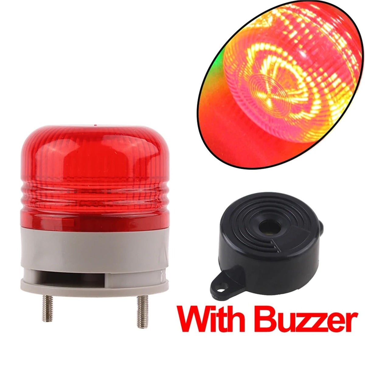 1PCS Red Yellow Green Blue Single Flashing Signal Warning DC12V24V LED Indicator Lamp with Buzzer/No Sound Small Security Alarm Light(Red with Buzzer,200w)