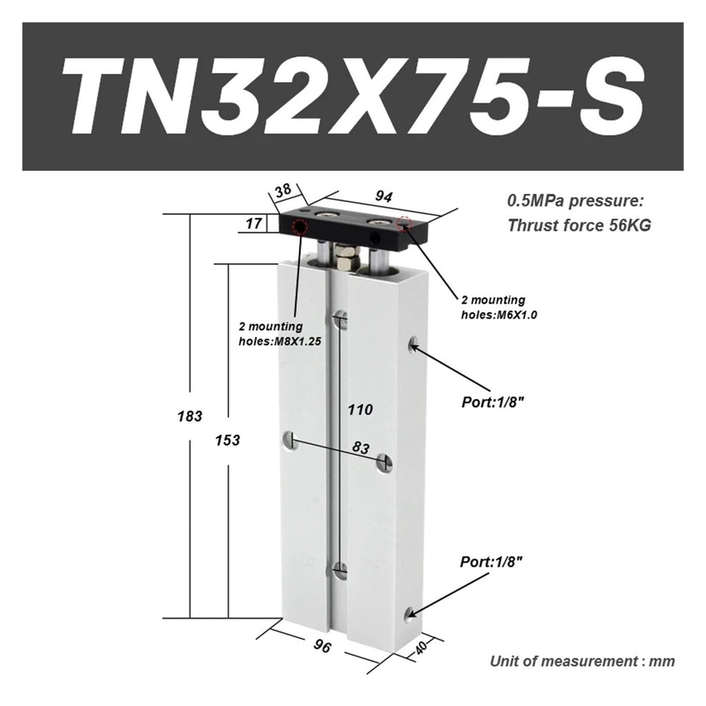 Two Rod Double Acting Bore Size 32mm Stroke 10-200mm with Magnet Air Pneumatic Cylinder(TN32X75-S)