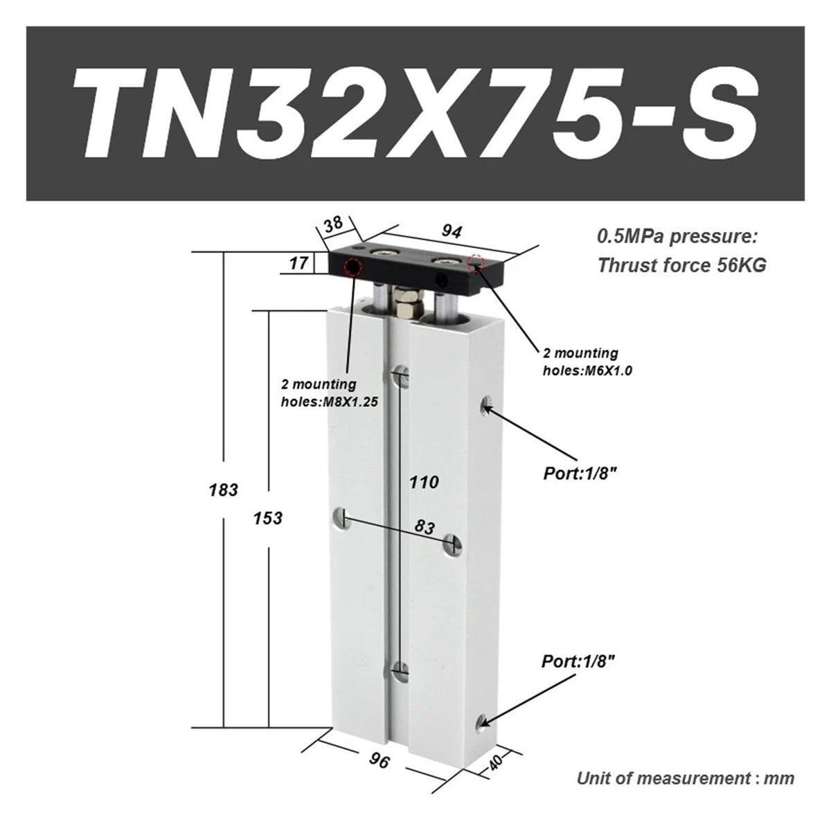 Two Rod Double Acting Bore Size 32mm Stroke 10-200mm with Magnet Air Pneumatic Cylinder(TN32X75-S)