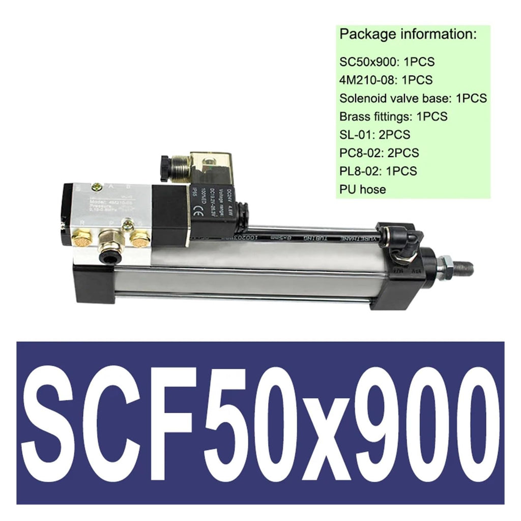 Standard Series Solenoid Valve Integrated Pneumatic Cylinder Bore 50mm Stroke 25-1000mm Air Cylinders Set Without Magnetic(SCF50x900,DC24)