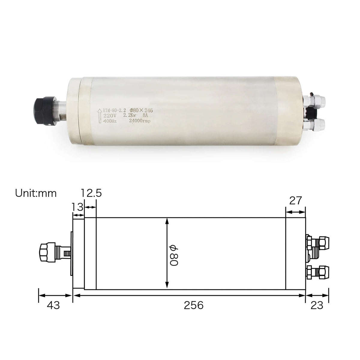 2.2KW 220V ER20 246mm Waterproof Water Cooled Cooling Spindle Motor