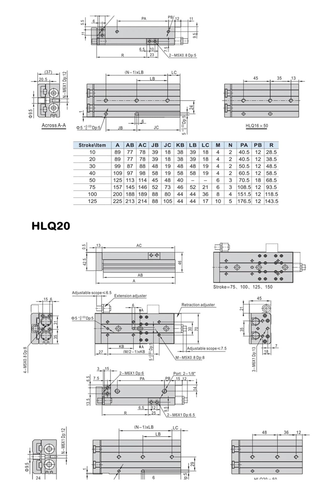 HLQ12/16X10/20/30/40/50/75/100/AS/AF/A/BA/BF/B Pneumatic Guide Rail Precision Slide Cylinder(Adjunct-B)