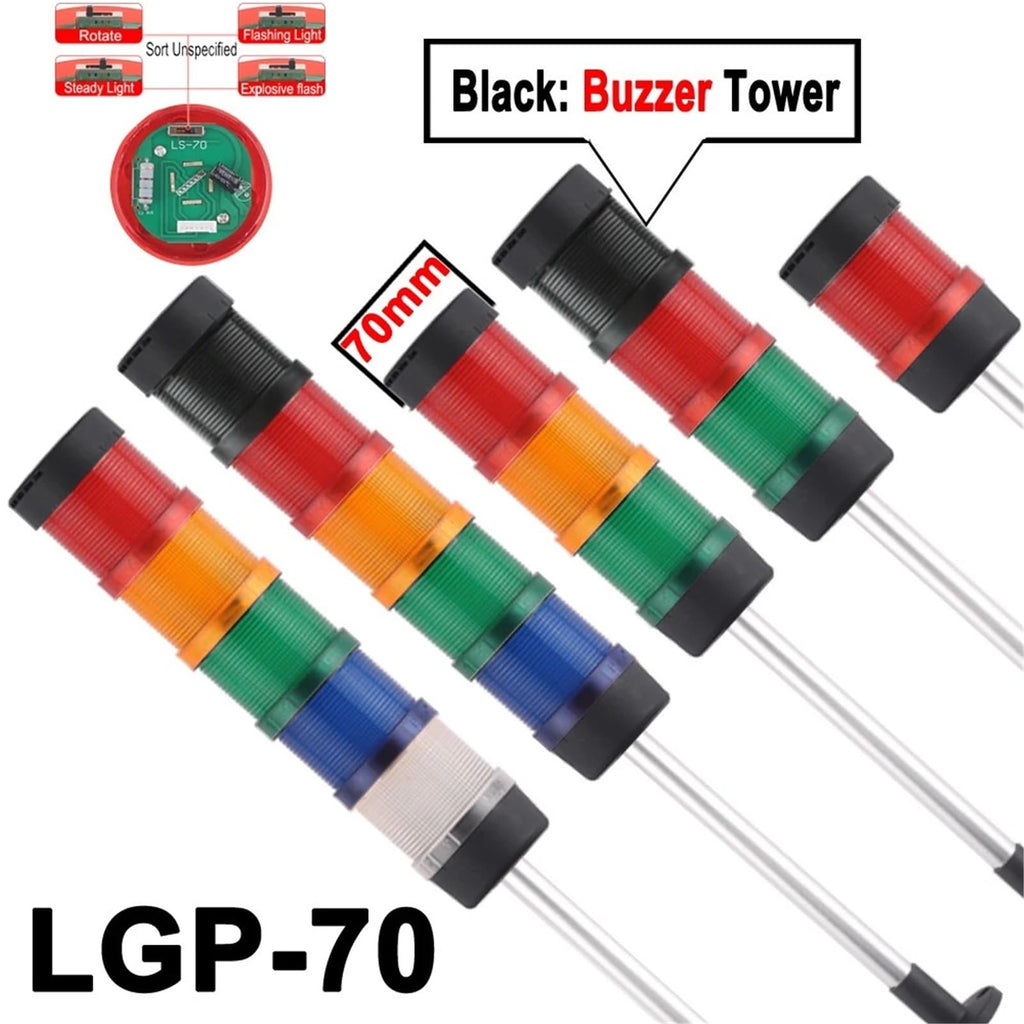 1pcs 70mm Signal Alarm Caution Indicator Industrial Stack Tower Warning Light Steady/Flash/Rotary Lamp LED for Machine 24V220V Buzzer(5 Layer,DC 24V)