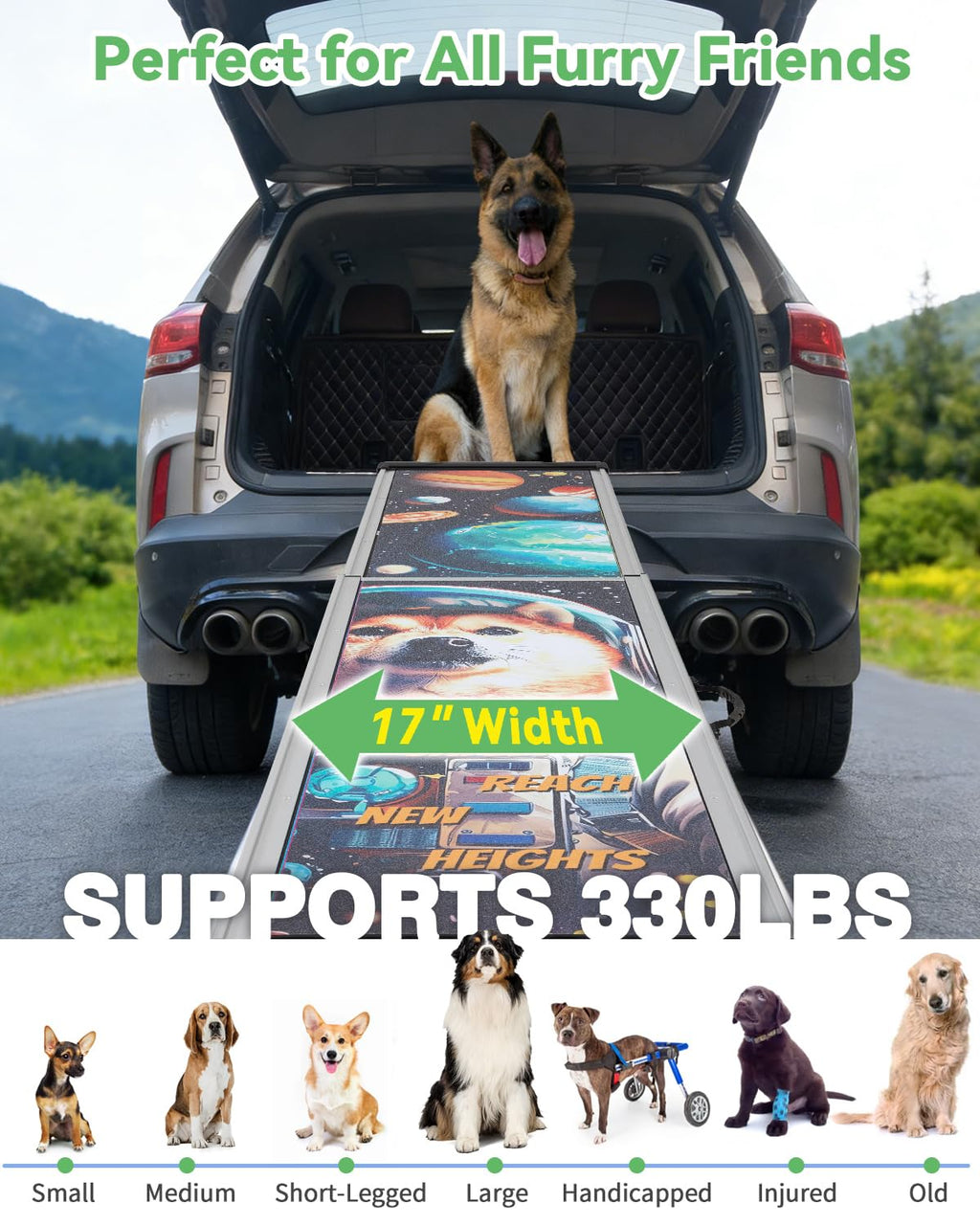 COZIWOW Extra-Long Foldable Aluminum Dog Ramp for Car SUV, 330LBS Heavy Duty Pet Ramp with Handles, Gentle Slope for Joint Care, Portable for Small Medium Large Senior Dogs